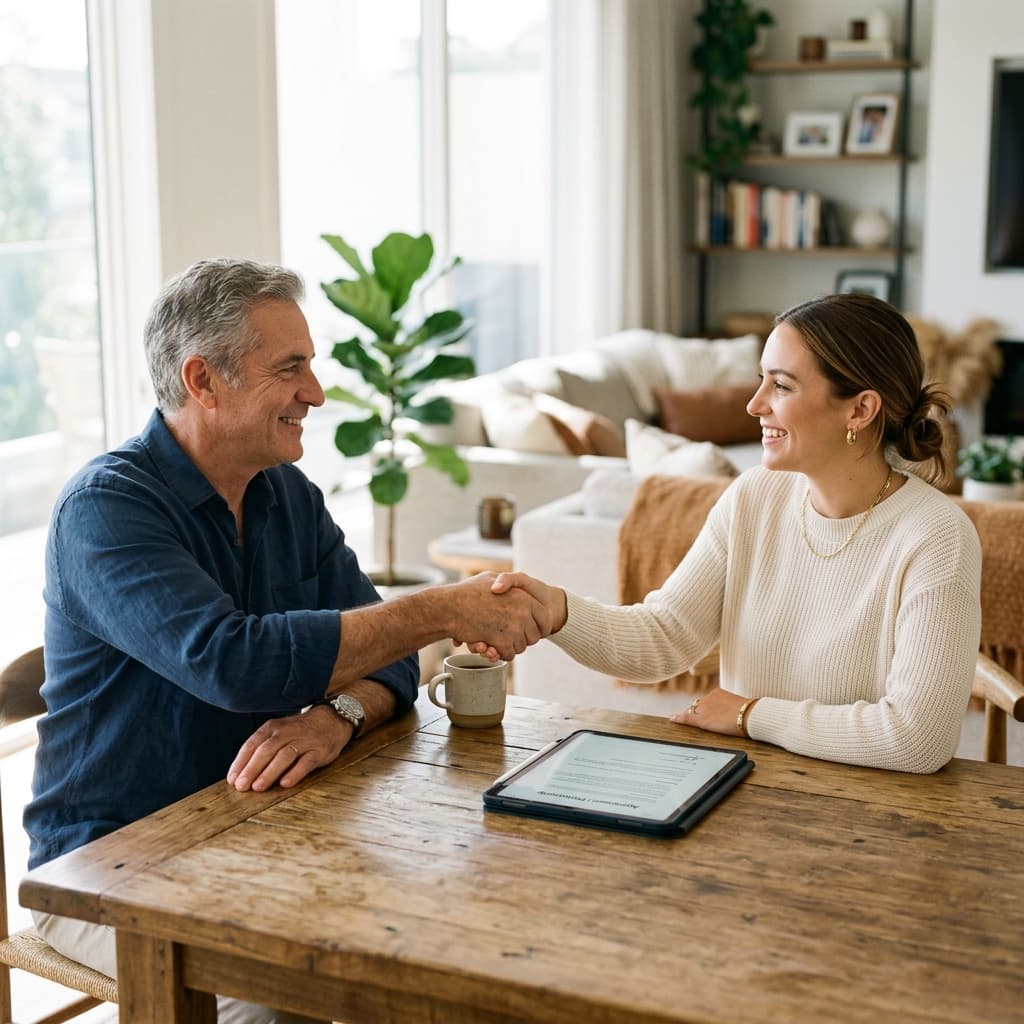 Family members shaking hands over a loan agreement