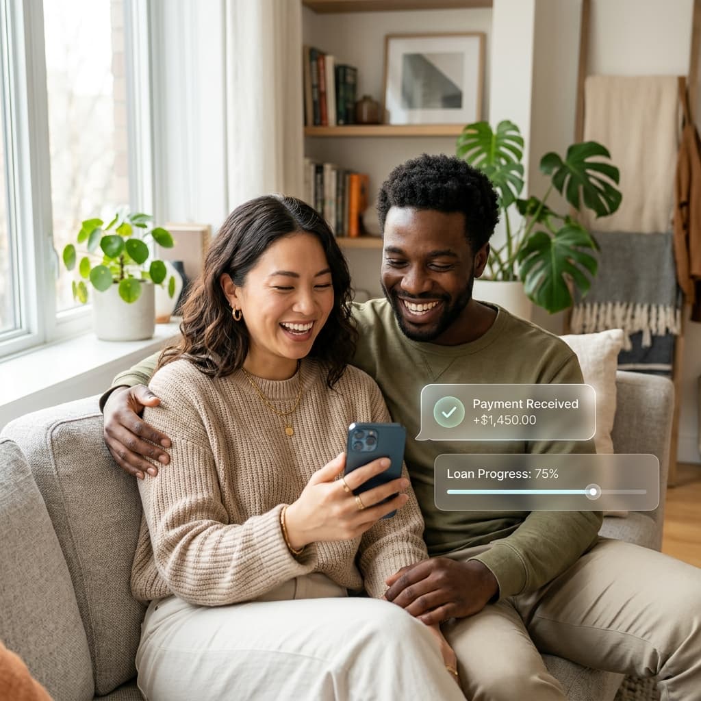 Happy couple managing family finances