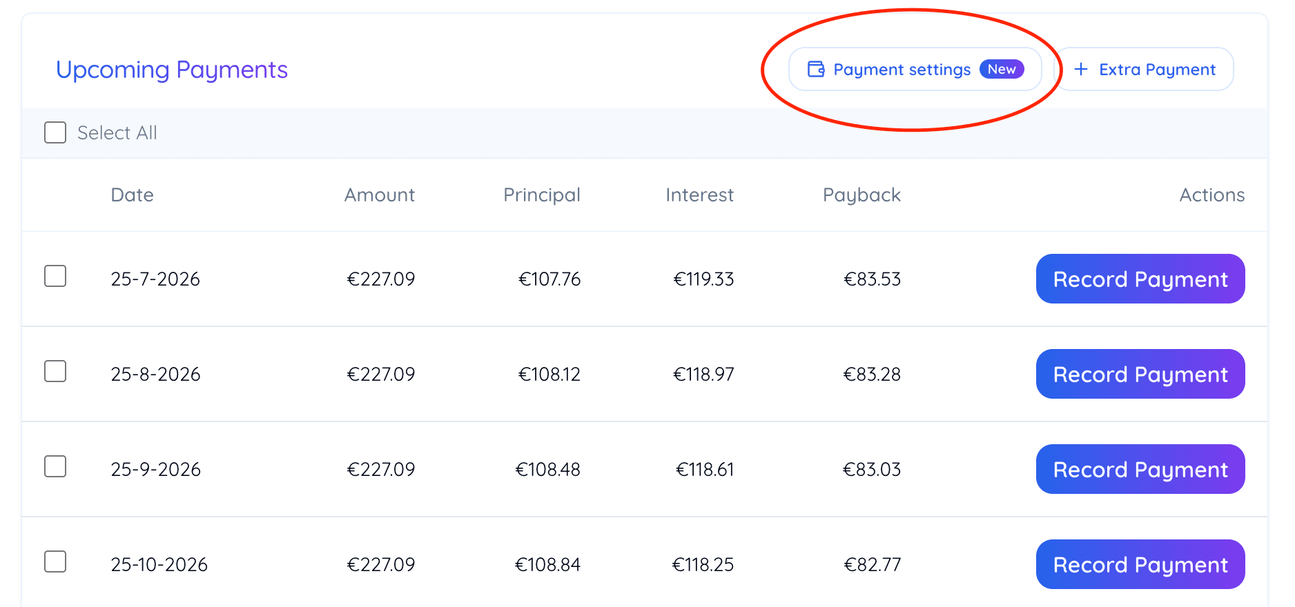 The Payment settings button with a New badge in the Upcoming Payments section of a family loan